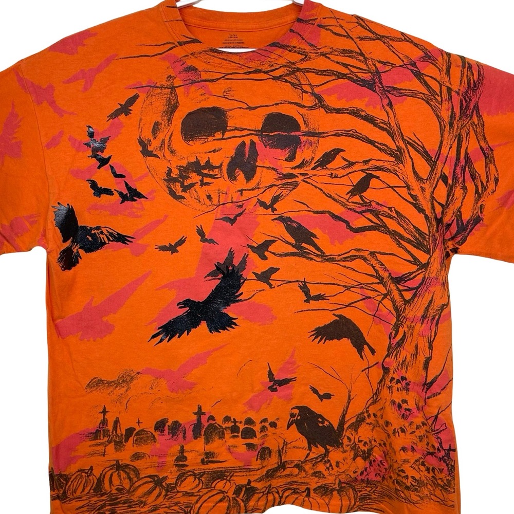 Halloween Skull Raven Graphic T-Shirt Mens XL Orange Spooky Cemetery AOP Y2K